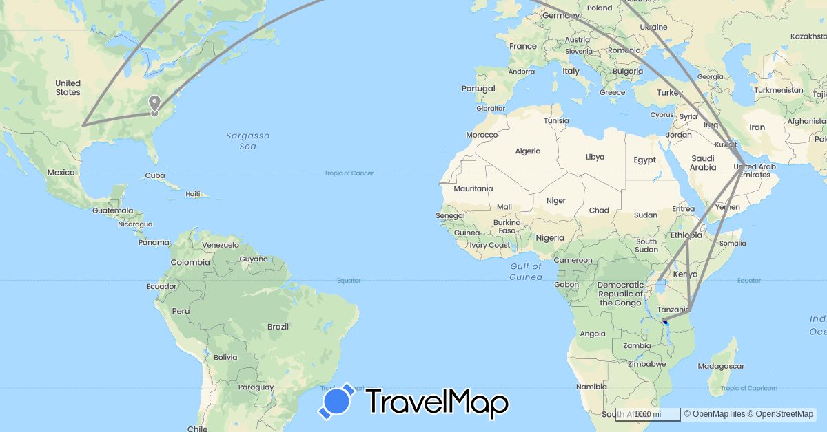 TravelMap itinerary: driving, plane, boat in Ethiopia, Qatar, Tanzania, Uganda, United States (Africa, Asia, North America)