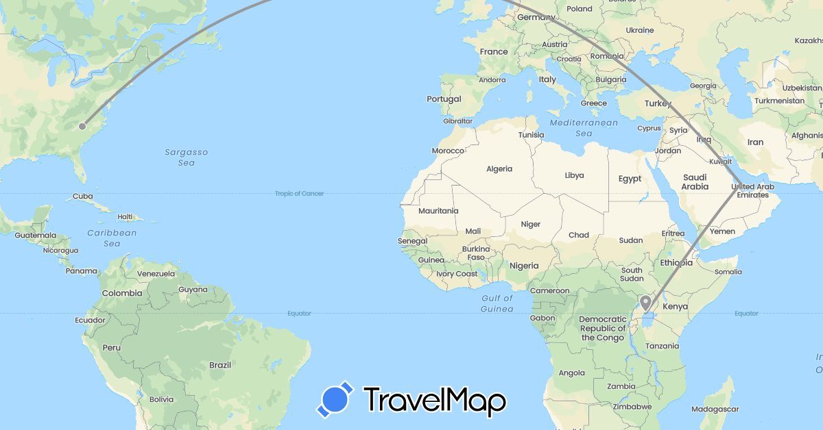 TravelMap itinerary: driving, plane in Qatar, Uganda, United States (Africa, Asia, North America)